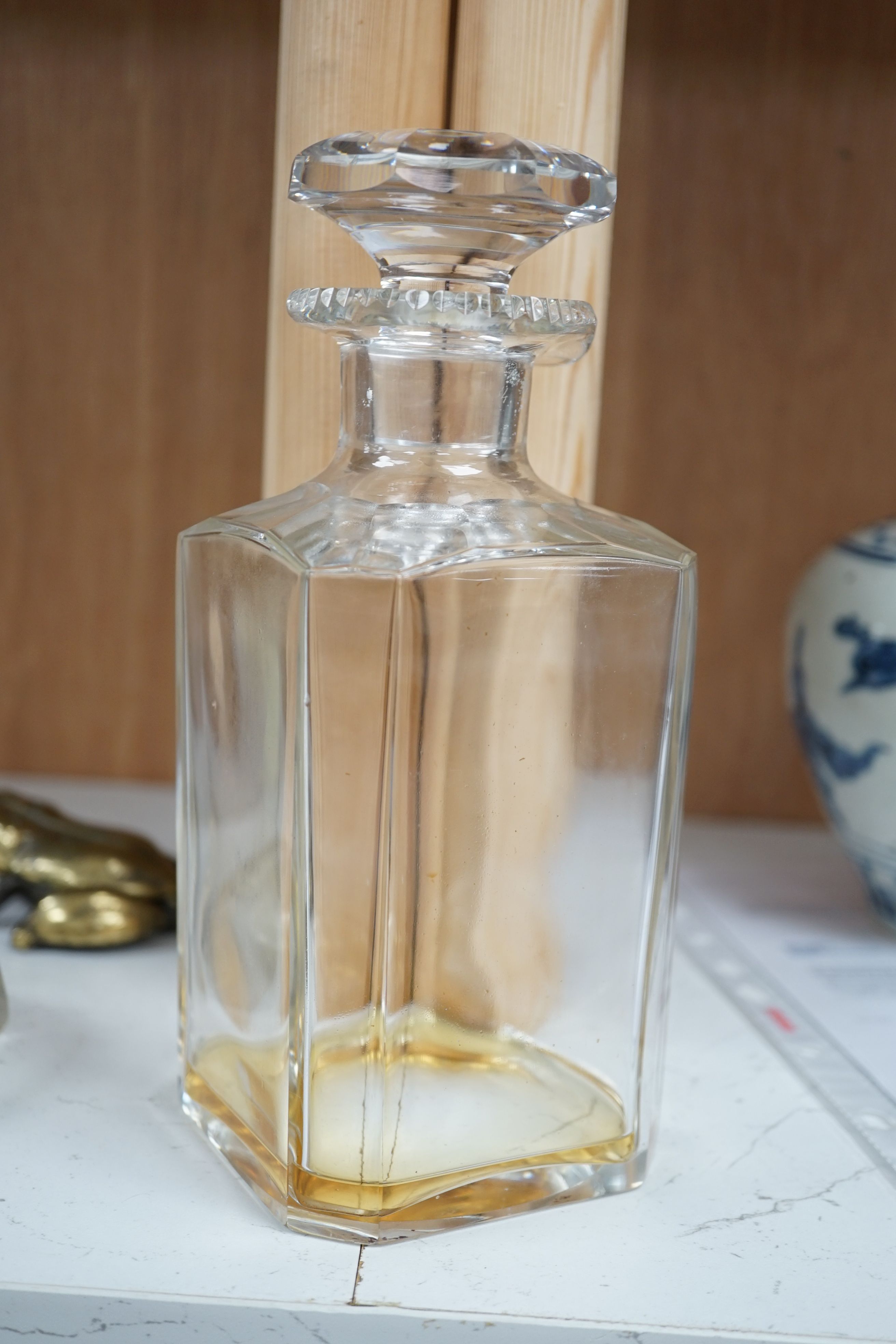 A Victorian coromandel wood two door decanter box, with two decanters and six glasses, 24cm high x 33cm wide